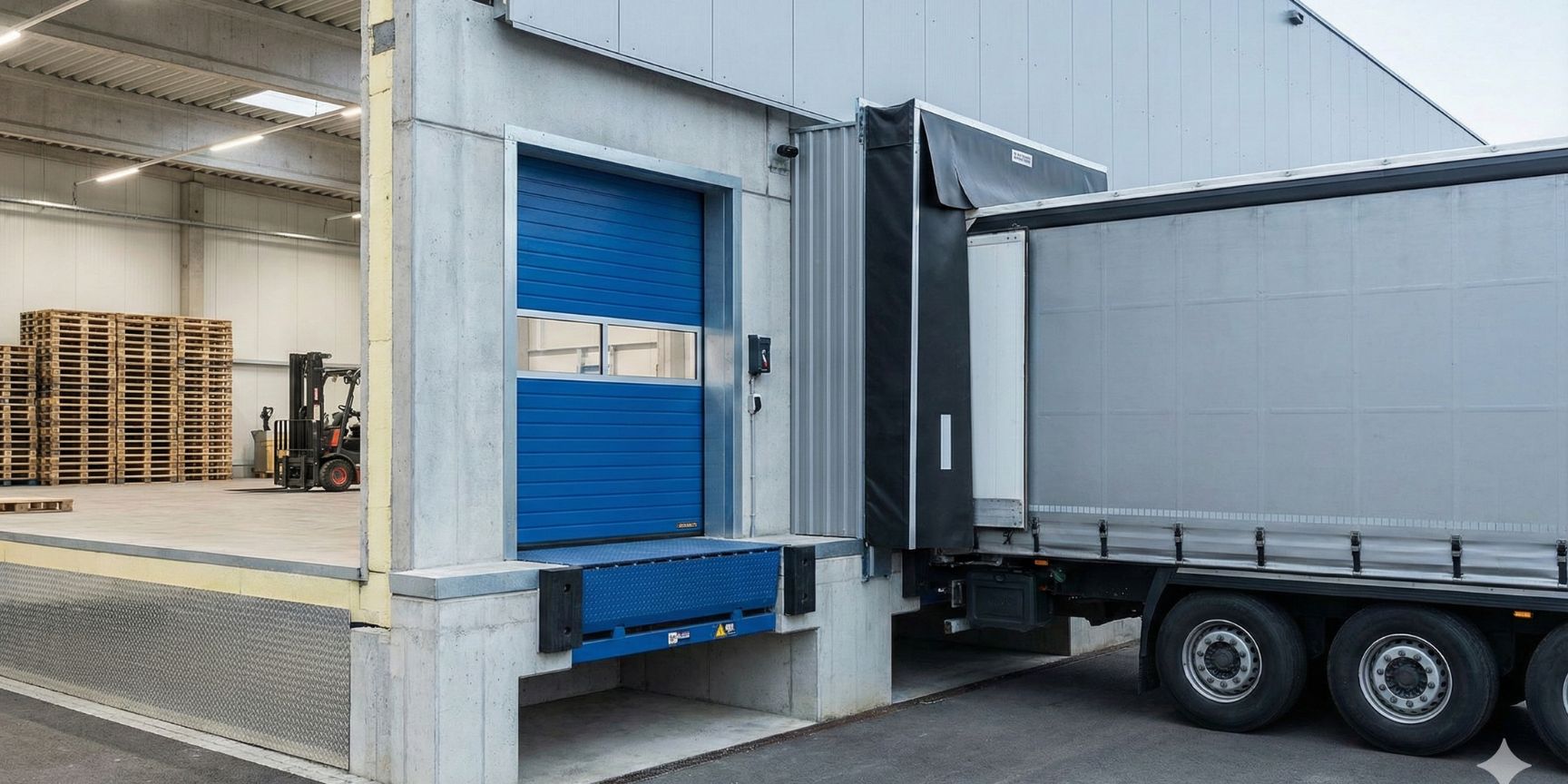 Querschnitt durch eine Verladebucht mit blauem Sektionaltor, integrierter blauer Überladebrücke, flexibler Torabdichtung und einem angedockten Sattelzug-Auflieger an einem modernen Logistiklager.